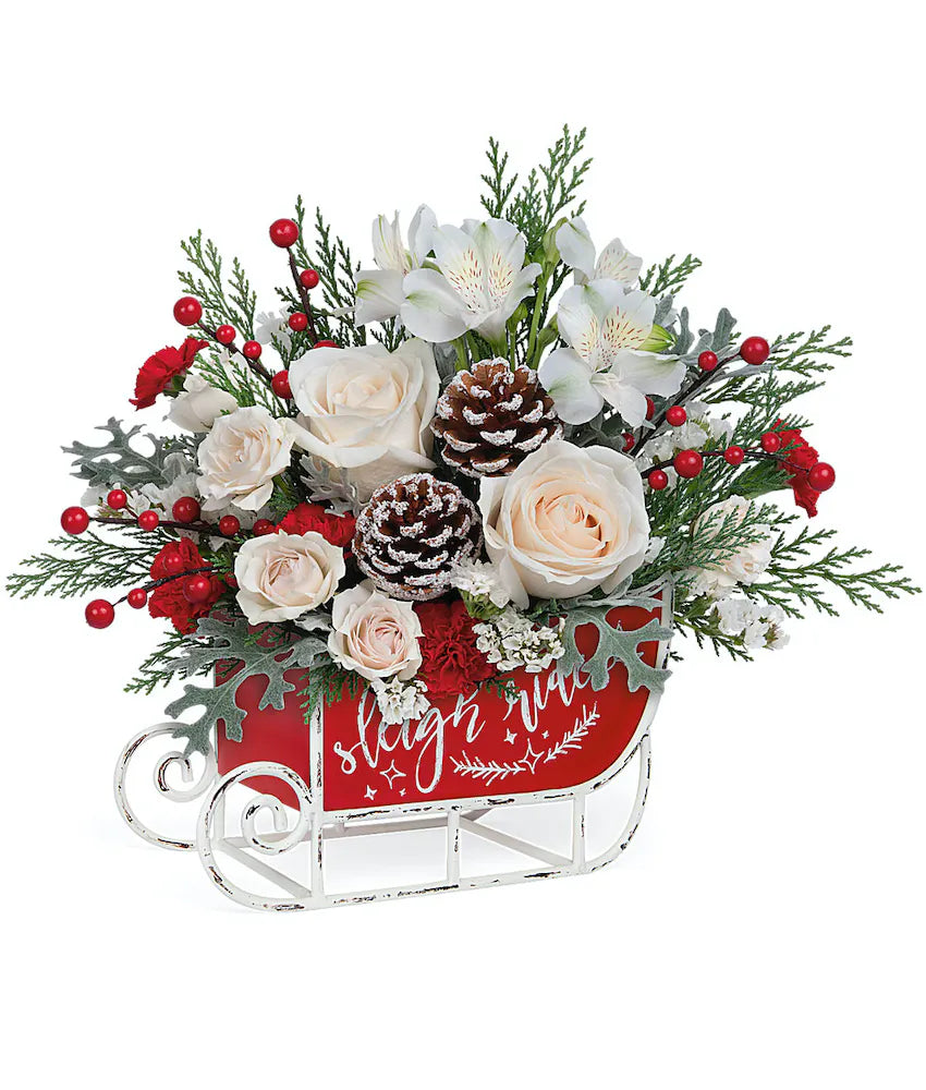 FROSTED SLEIGH ARRANGEMENT BY FLORAL ARTE