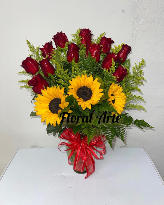 Fascinating Dozen Roses with Sunflowers