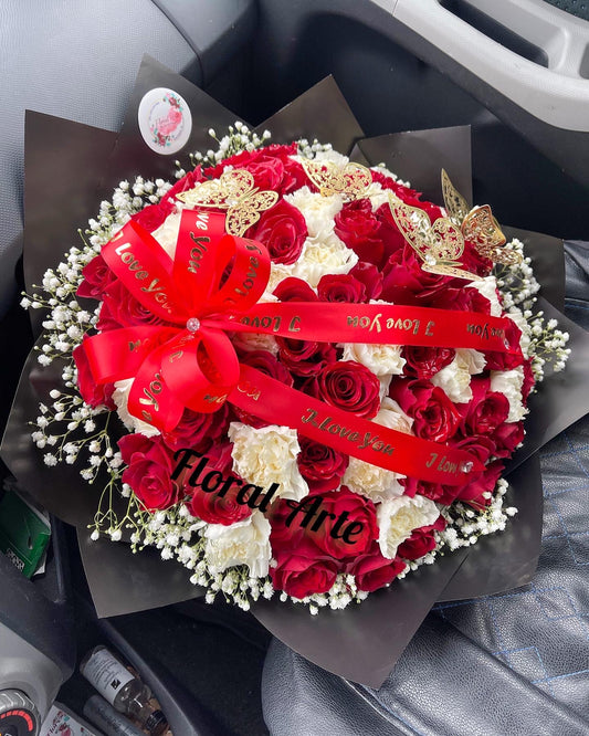 Special Bouquet Of Red Roses & White Carnations